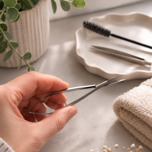 Professional stainless steel eyebrow scissors used for precise eyebrow trimming in a professional beauty salon.