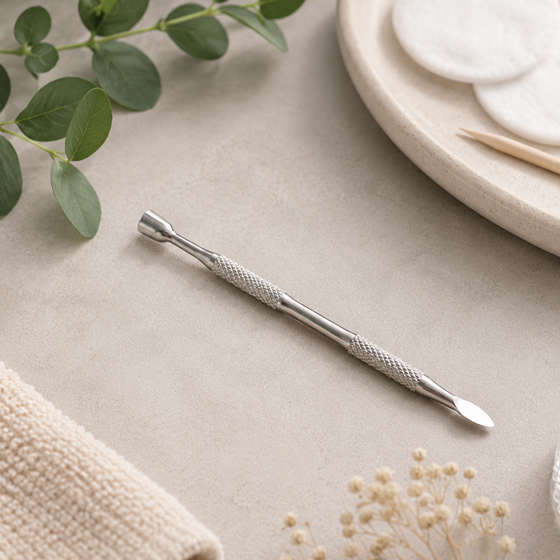 Professional stainless steel horseshoe cuticle pusher displayed in a clean, minimalist manicure setting for professional nail preparation.
