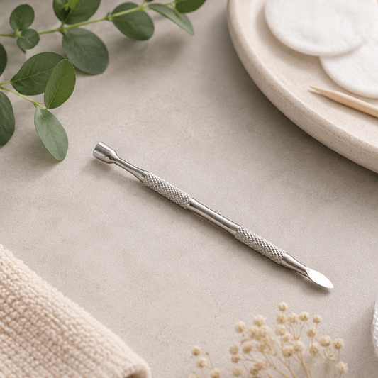 Professional stainless steel horseshoe cuticle pusher displayed in a clean, minimalist manicure setting for professional nail preparation.