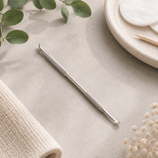 Professional stainless steel loop cuticle remover and pusher displayed in a clean, minimalist manicure setting for advanced nail preparation.