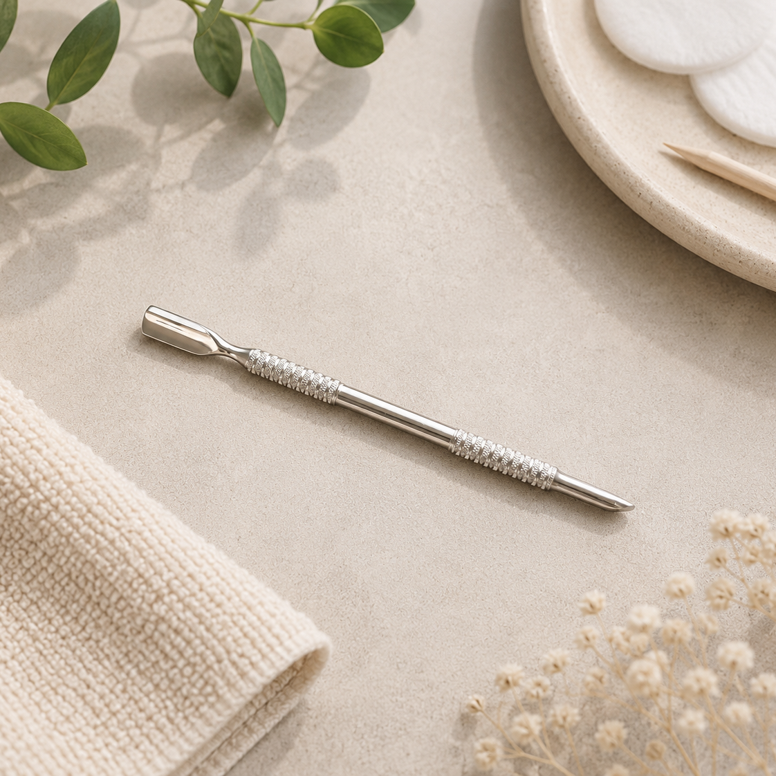 Professional stainless steel spoon cuticle pusher displayed in a clean, minimalist manicure setting for professional nail preparation.