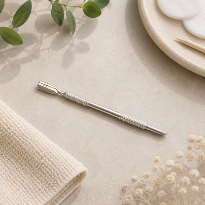 Professional stainless steel spoon cuticle pusher displayed in a clean, minimalist manicure setting for professional nail preparation.