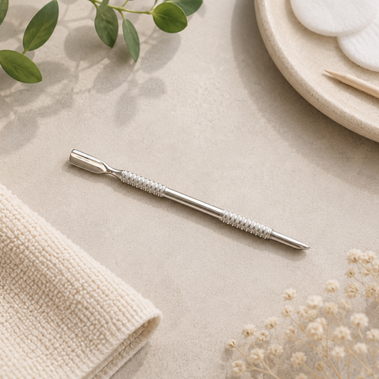 Professional stainless steel spoon cuticle pusher displayed in a clean, minimalist manicure setting for professional nail preparation.