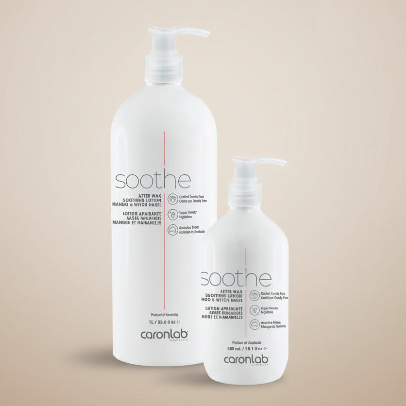 Two bottles of Caron Lab soothe after waxing lotion mango and witch hazel