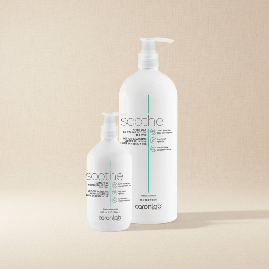 Two bottles of caronlab soothe after wax soothing lotion tea tree 