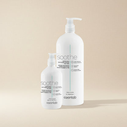 Two bottles of caronlab soothe after wax soothing lotion tea tree 