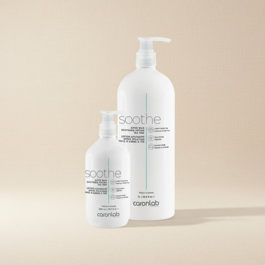 Two bottles of caronlab soothe after wax soothing lotion tea tree 