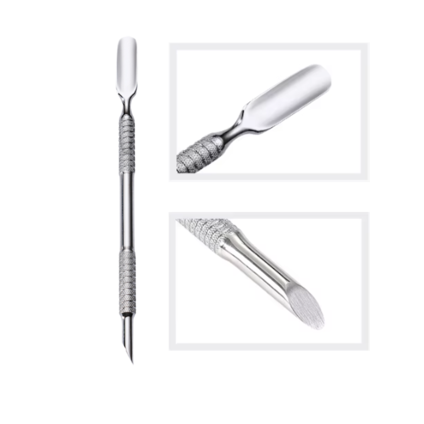 Stainless steel cuticle cuticle pusher with textured handle and pointed end on a white background