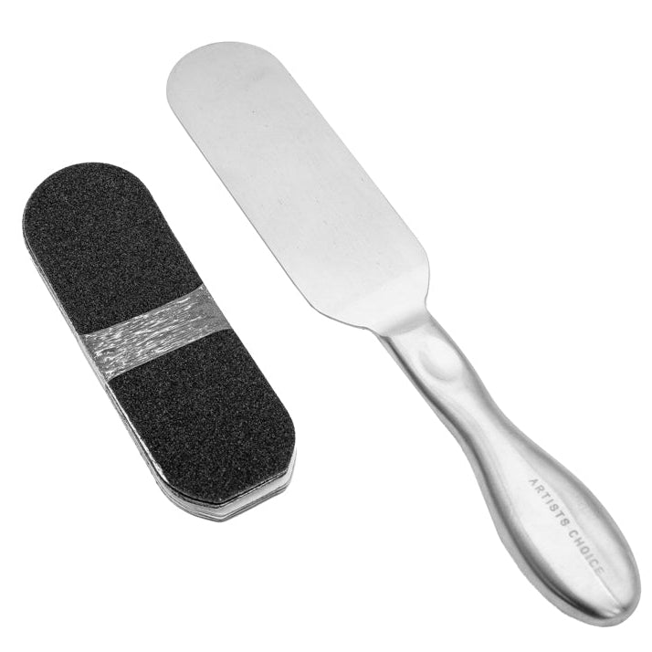 Stainless steel reusable foot file with disposable replacement grit ads for pedicures