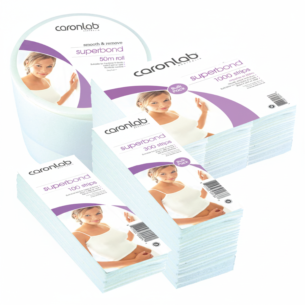 Caronlab superbond packaging with a woman applying adhesive on a white background