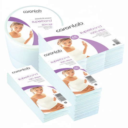 Caronlab superbond packaging with a woman applying adhesive on a white background