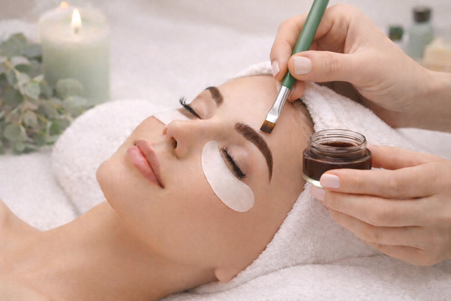 Person receiving a brow treatment with a brush and jar on a spa table.