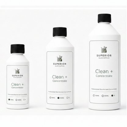 Superior Salon Supplies Clean Plus Concentrate professional disinfectant range in 250ml 500ml and 1L bottles