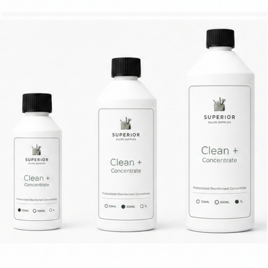 Superior Salon Supplies Clean Plus Concentrate professional disinfectant range in 250ml 500ml and 1L bottles