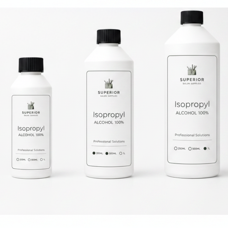 Superior Salon Supplies Isopropyl Alcohol 100 percent professional salon solution range in 250ml 500ml and 1L bottles