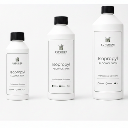 Superior Salon Supplies Isopropyl Alcohol 100 percent professional salon solution range in 250ml 500ml and 1L bottles