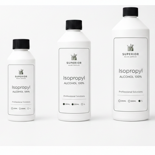 Superior Salon Supplies Isopropyl Alcohol 100 percent professional salon solution range in 250ml 500ml and 1L bottles