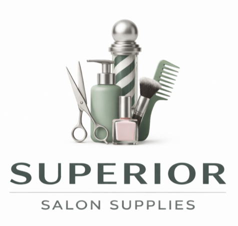 Salon supplies including a bottle, scissors, and comb with 'Superior Salon Supplies' branding.