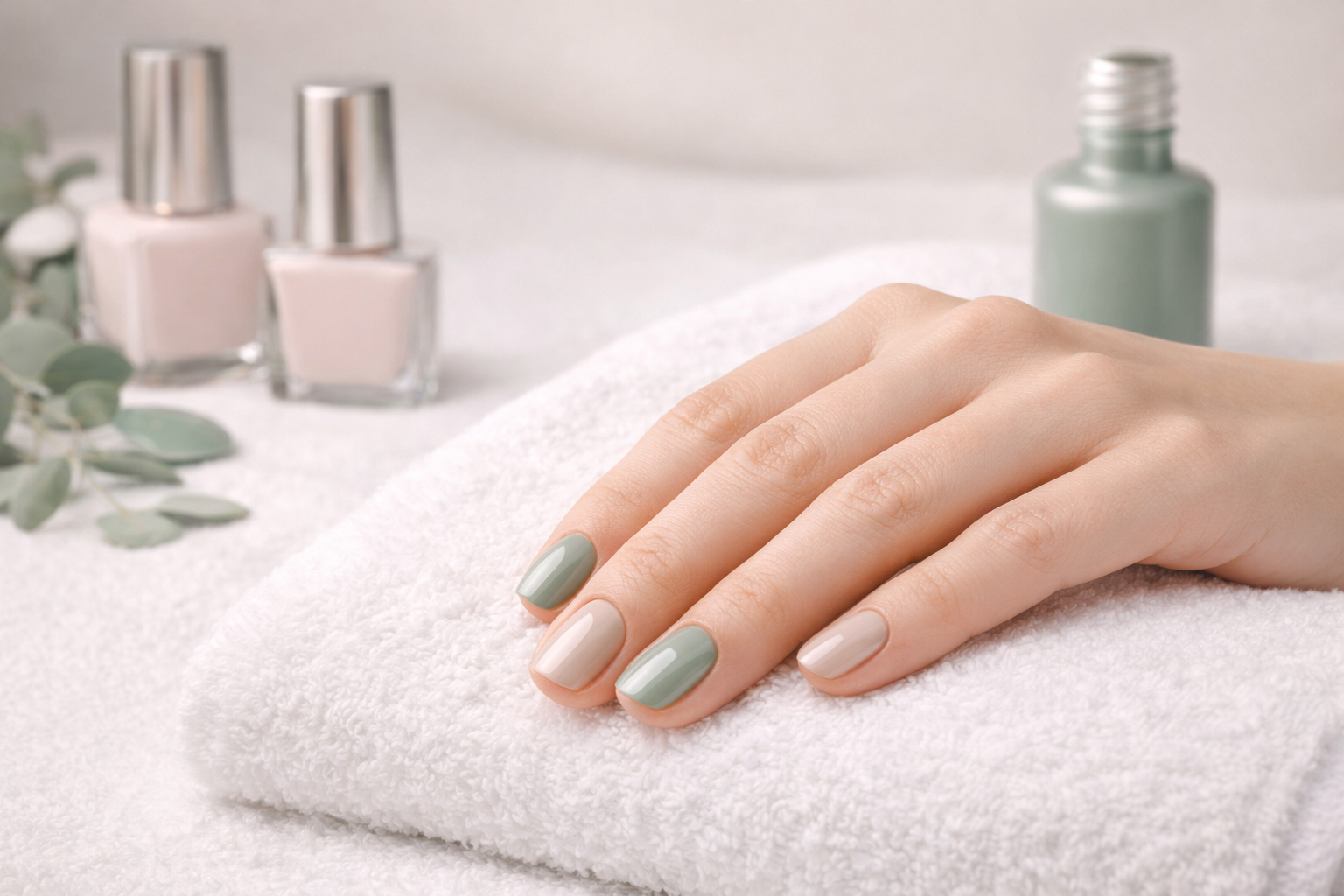 Hand with light green nail polish on a white towel with nail polish bottles in the background
