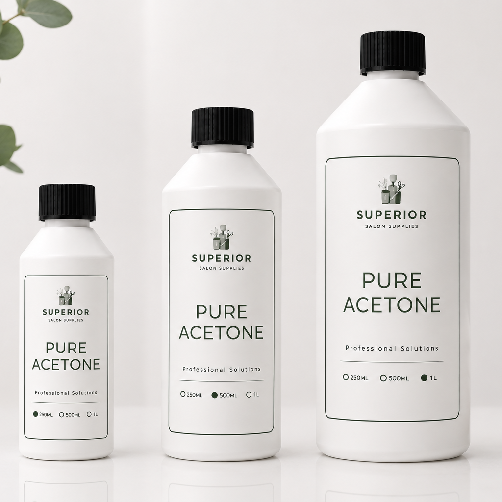 Superior Salon Supplies Pure Acetone professional salon solution range in 250ml 500ml and 1L bottles