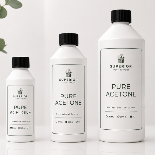 Superior Salon Supplies Pure Acetone professional salon solution range in 250ml 500ml and 1L bottles
