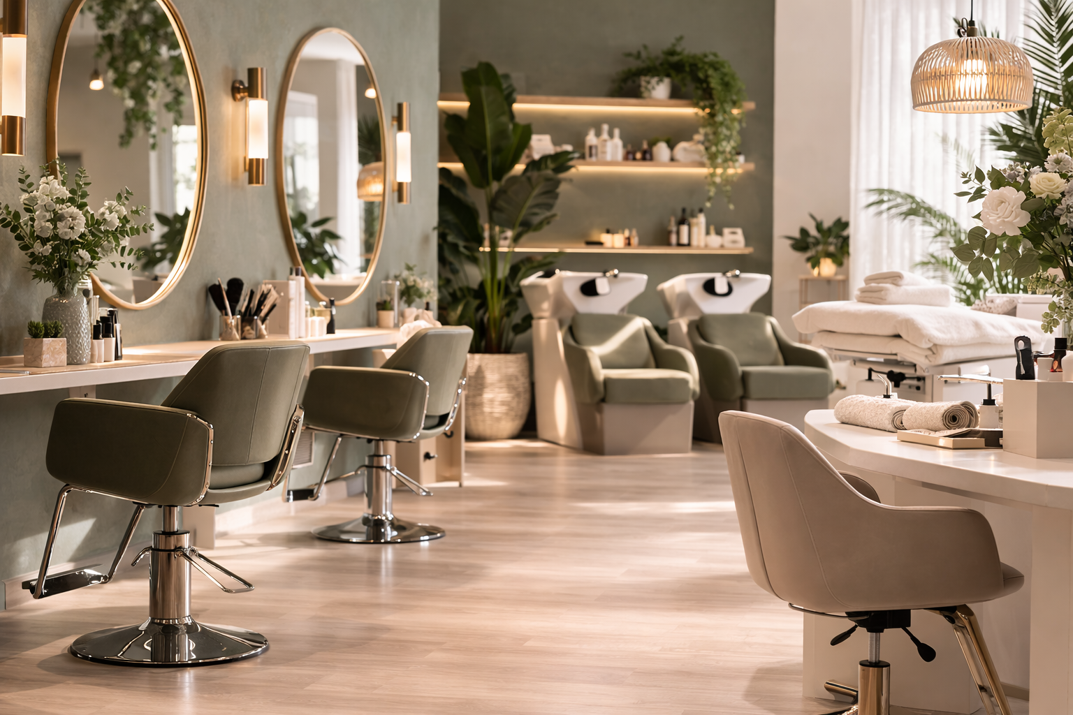 Salon interior with chairs, mirrors, and decorative elements.