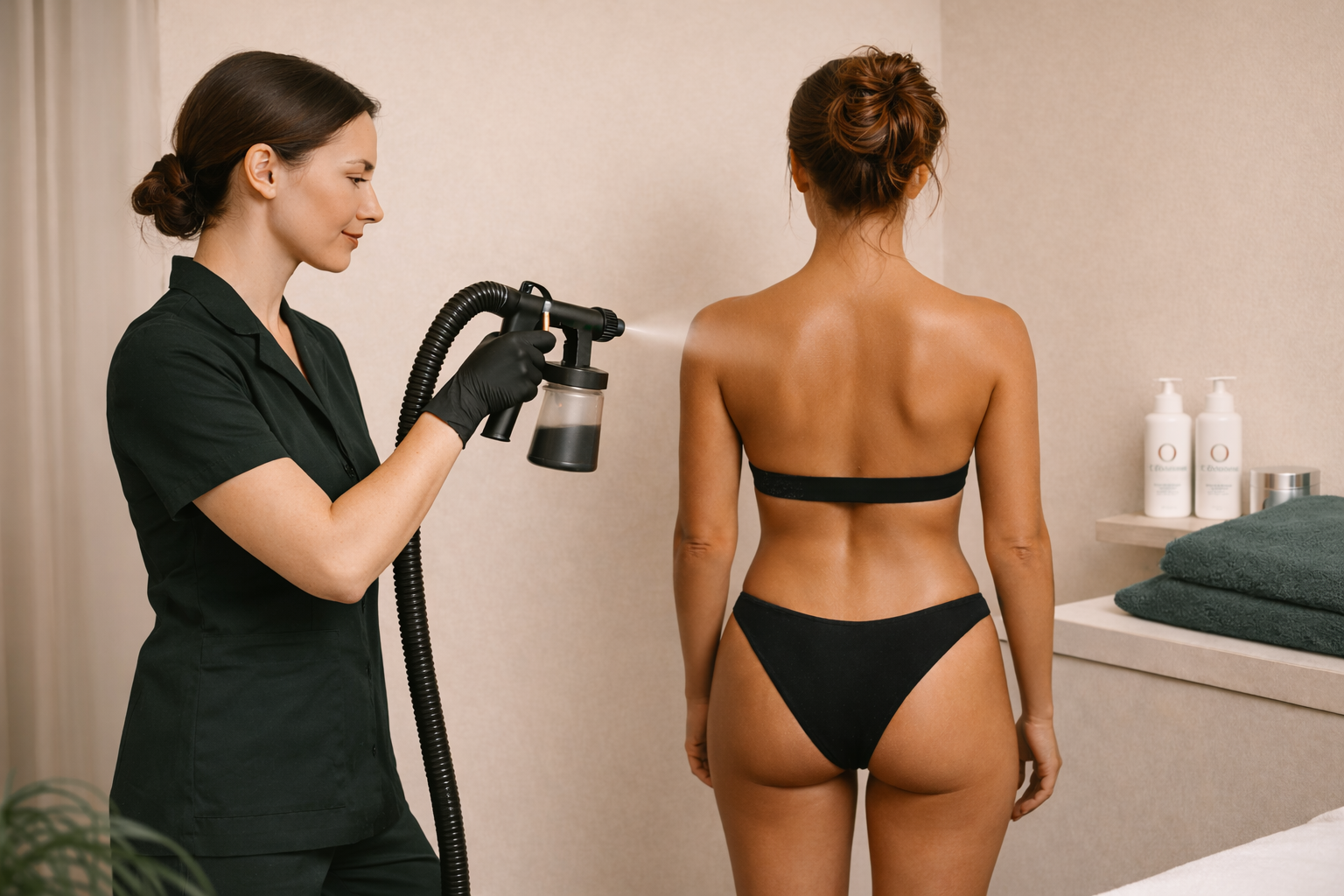 Person receiving a spray tan from a professional in a salon setting.