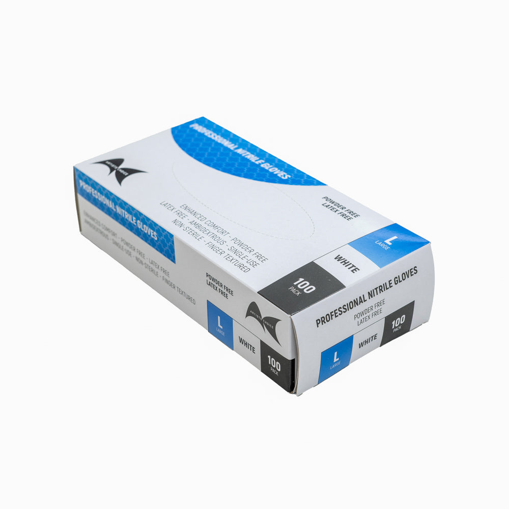 White powder-free nitrile gloves large size 100 pack for professional salon, beauty and treatment use.