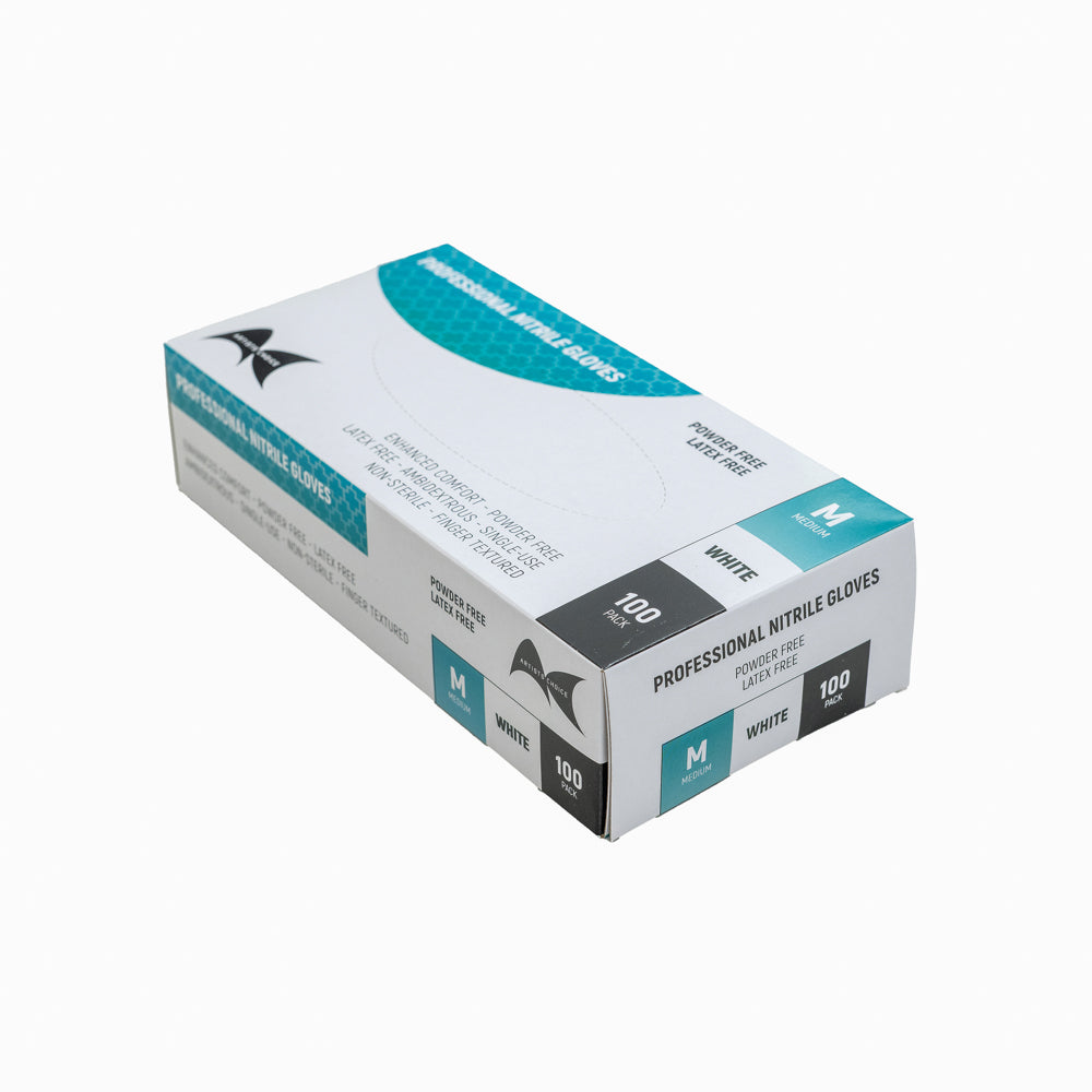 White powder-free nitrile gloves medium size 100 pack for professional skin and laser clinics, beauty, waxing and salon services.