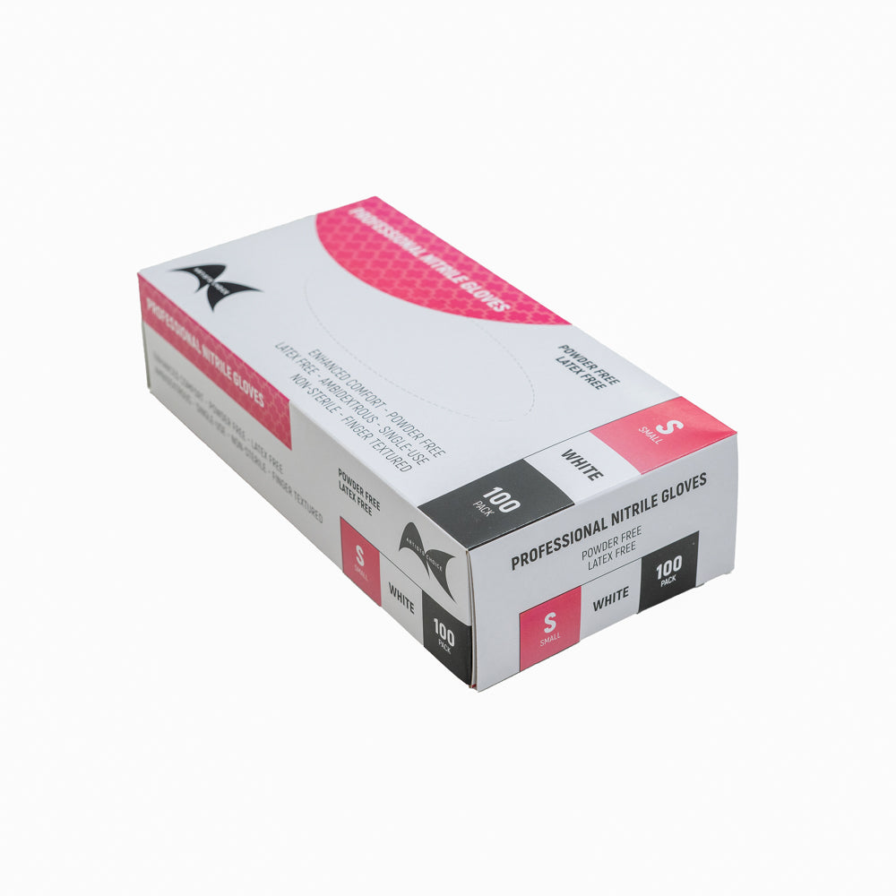 White powder-free nitrile gloves small size 100 pack suitable for medical clinics and laser clinics, beauty salons, waxing, lash and brow treatments.
